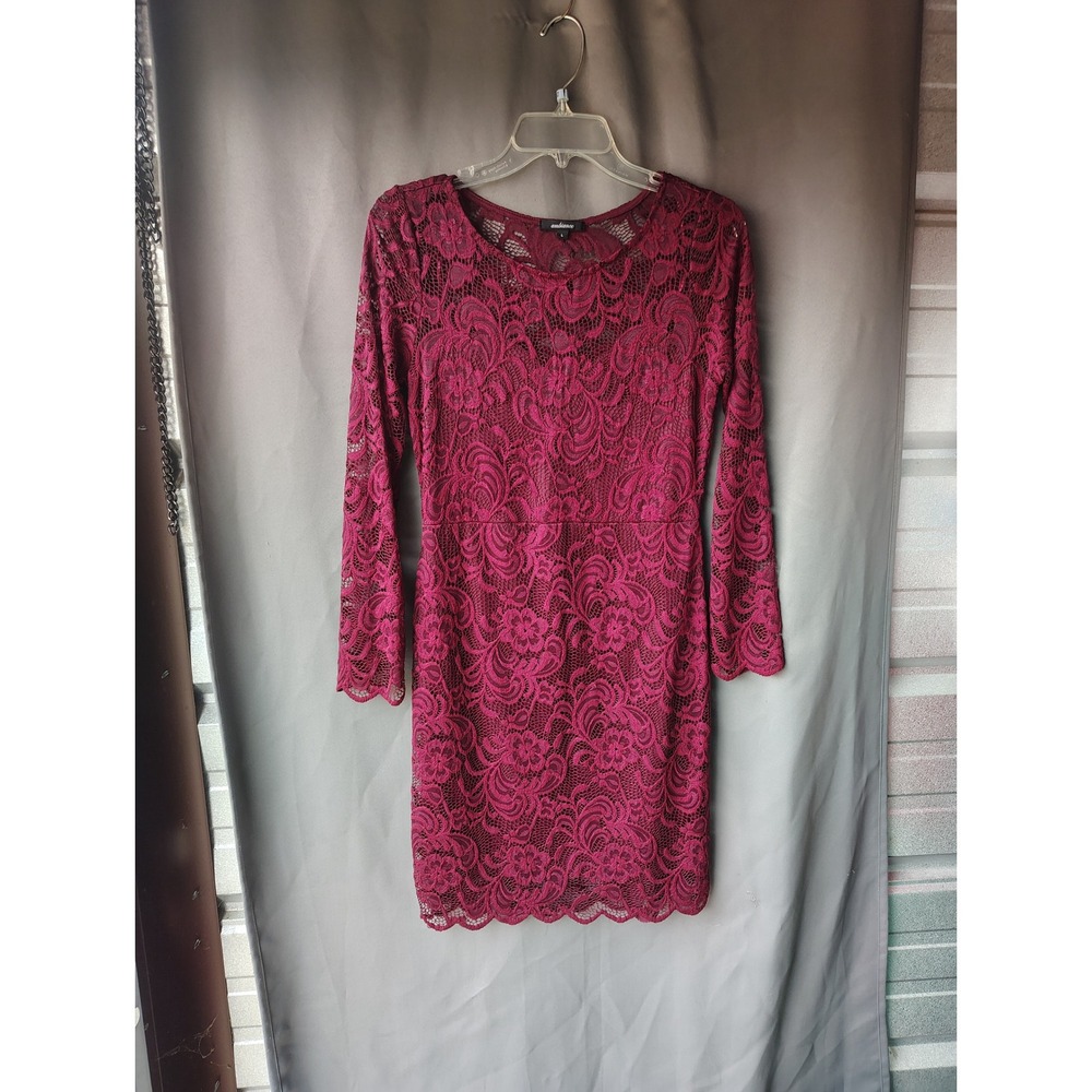Ambiance Burgundy Lace Long Sleeve Mini‎ Dress Floral Scalloped Hem Wine Large